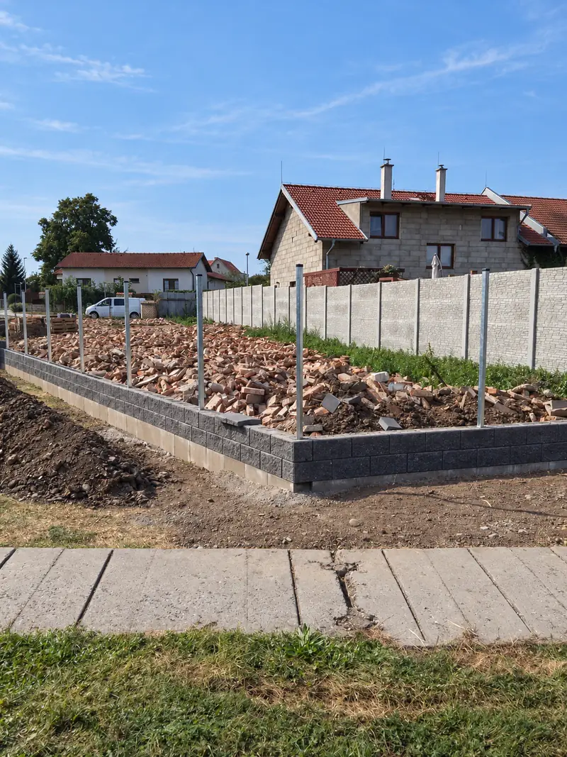 Podezdívka plotu z betonových tvárnic během stavby zpevněné plochy