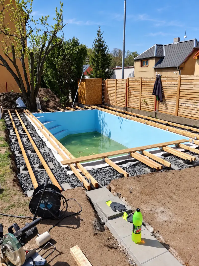 Bazén s modrou fólií a dřevěný rošt pro terasu během stavby