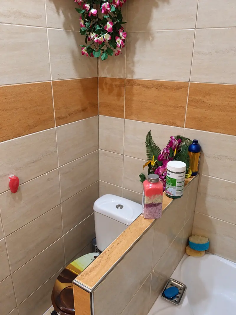 Obklad koupelny s dekorativním pásem, WC a vana